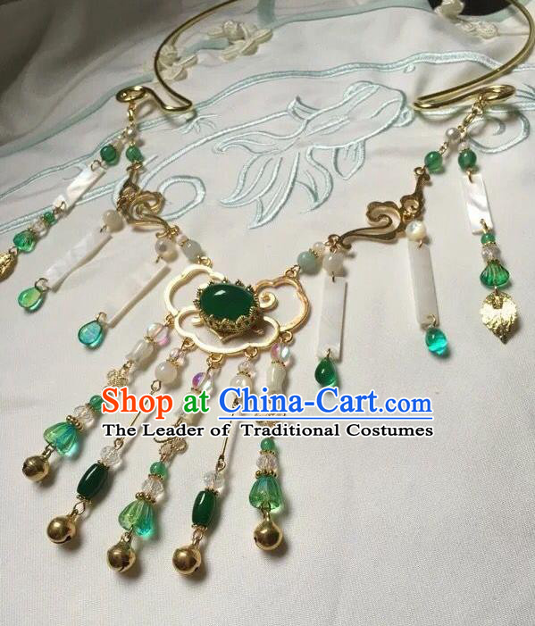 Asian Chinese Traditional Headdress Green Agate Tassel Necklace, China Ancient Handmade Bride Hanfu Collar Necklet for Women