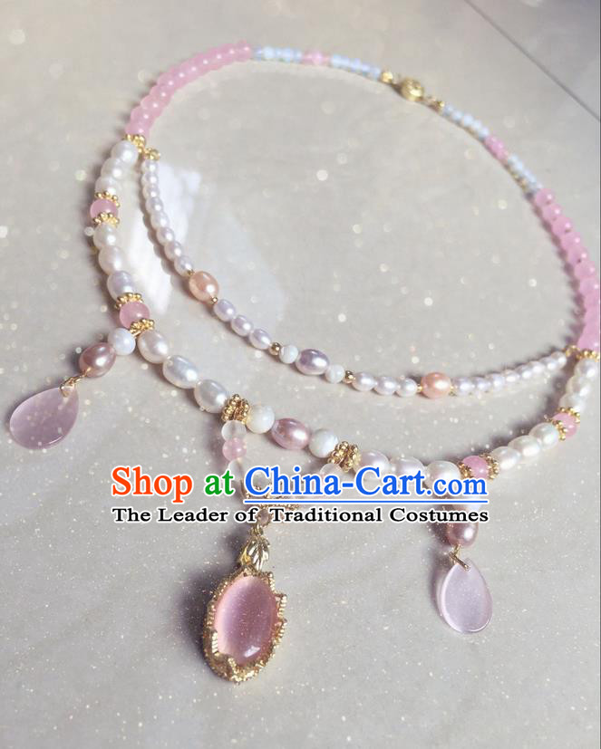 Asian Chinese Traditional Headdress Pearls Tassel Necklace, China Ancient Handmade Bride Hanfu Pink Crystal Collar Necklet for Women