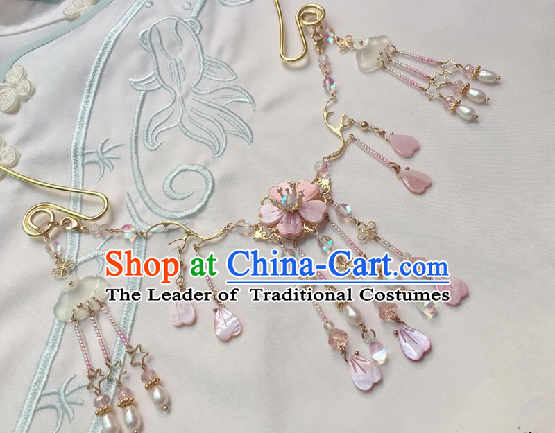 Asian Chinese Traditional Headdress Pink Shell Tassel Necklace, China Ancient Handmade Bride Hanfu Collar Necklet for Women