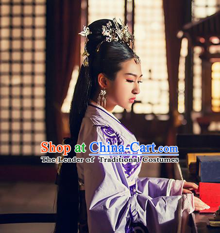 Traditional Ancient Chinese Female Embroidered Costume, Chinese Han Dynasty Palace Princess Purple Dress Hanfu Clothing for Women