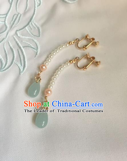 Asian Chinese Traditional Headdress Beads Tassel Earrings, China Ancient Handmade Bride Hanfu Green Crystal Eardrop for Women