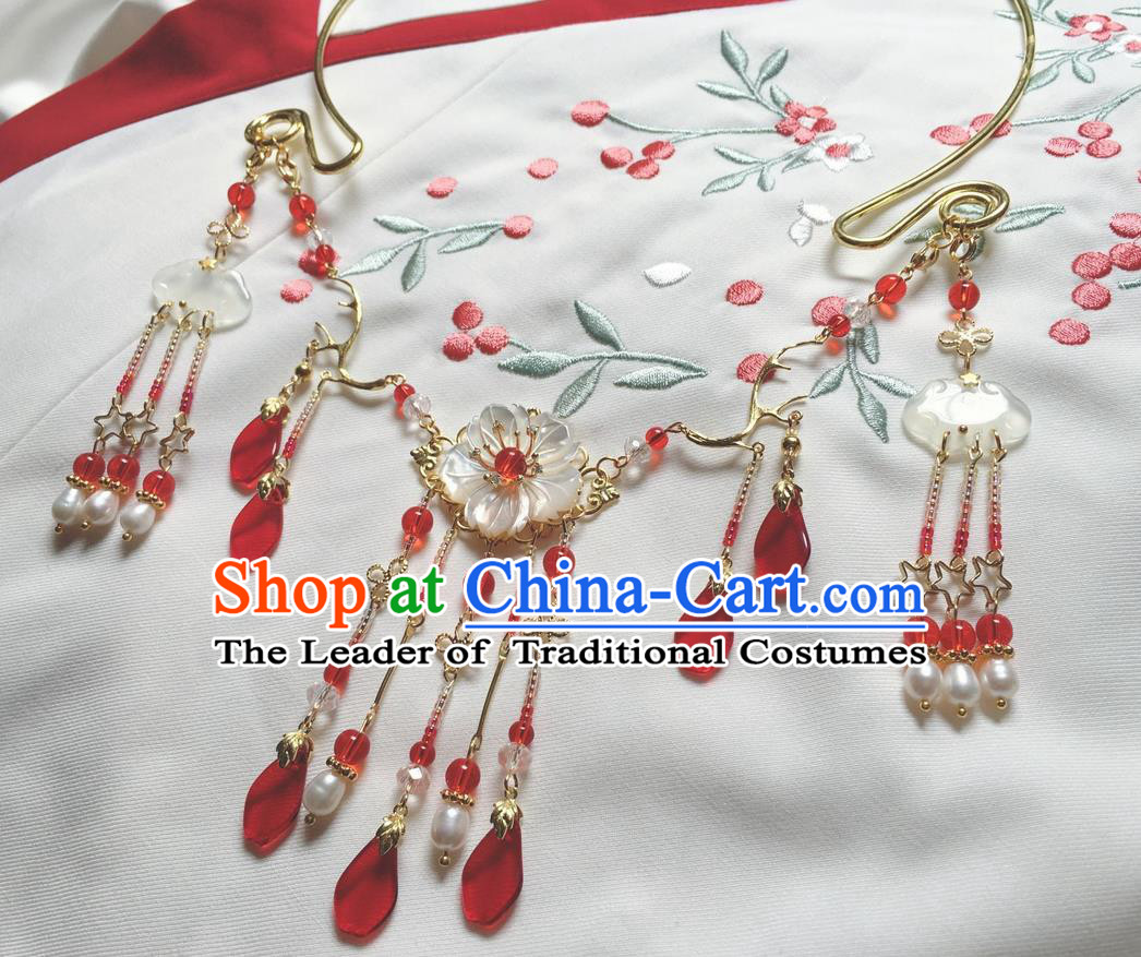 Asian Chinese Traditional Headdress Red Crystal Tassel Necklace, China Ancient Handmade Bride Hanfu Xiuhe Suit Collar Necklet for Women