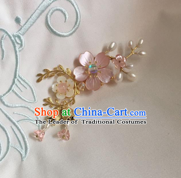 Asian Chinese Traditional Headdress Shell Hair Accessories Hairpins, China Ancient Handmade Bride Hanfu Pink Crystal Flowers Hair Stick Headwear for Women