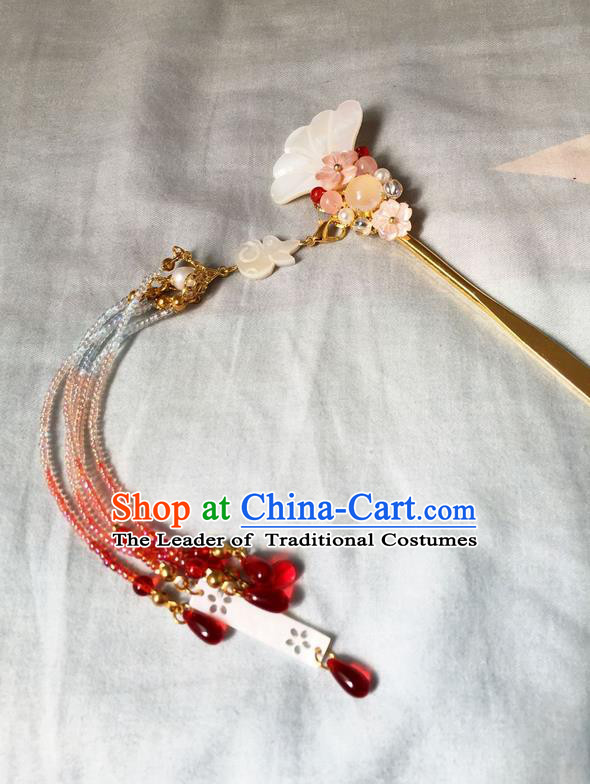 Asian Chinese Traditional Headdress Red Beads Hair Accessories Hairpins, China Ancient Handmade Bride Hanfu Step Shake Hair Stick Headwear for Women