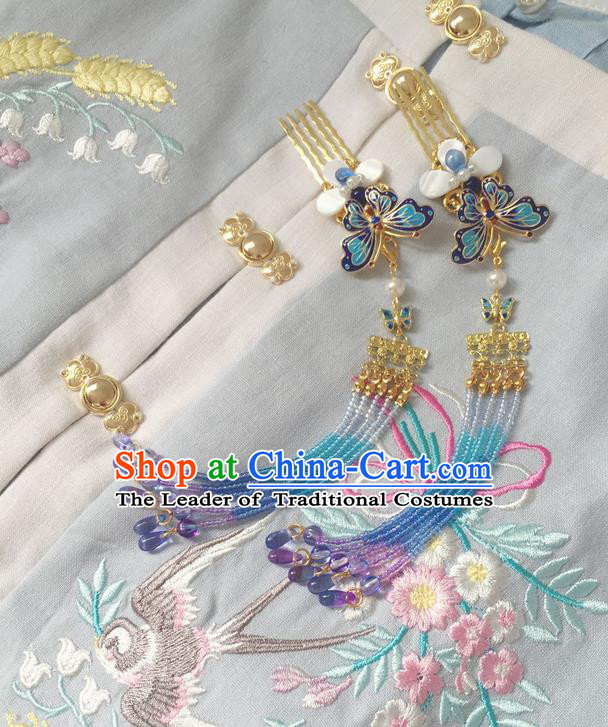 Asian Chinese Traditional Headdress Blueing Butterfly Beads Hair Accessories Hairpins, China Ancient Handmade Bride Hanfu Tassel Step Shake Headwear for Women