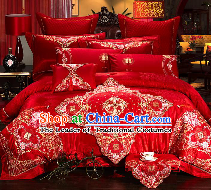 Traditional Asian Chinese Style Wedding Article Palace Lace Qulit Cover Bedding Sheet Complete Set, Embroidered Satin Drill Eleven-piece Duvet Cover Textile Bedding Suit