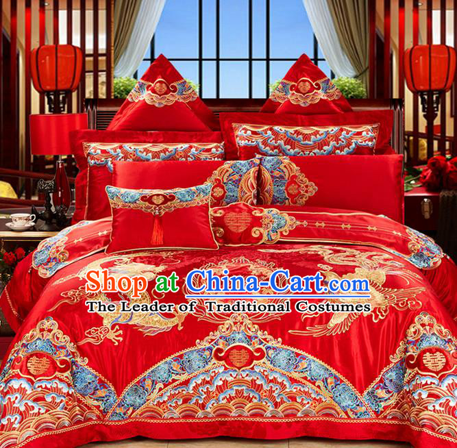 Traditional Asian Chinese Style Wedding Article Palace Lace Qulit Cover Bedding Sheet Complete Set, Embroidered Dragon and Phoenix Satin Drill Eleven-piece Duvet Cover Textile Bedding Suit