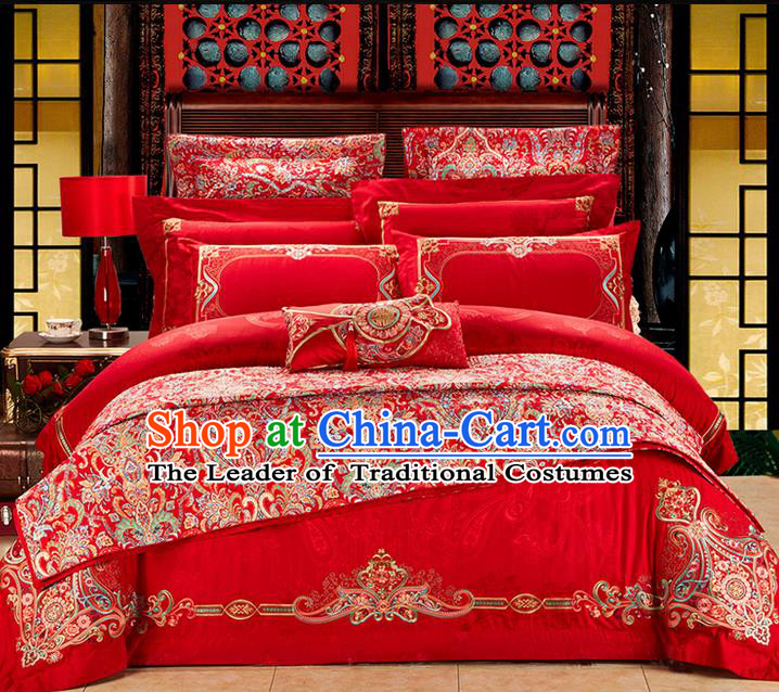 Traditional Asian Chinese Wedding Palace Qulit Cover Bedding Sheet Complete Set, Embroidered Flowers Satin Drill Ten-piece Duvet Cover Textile Bedding Suit