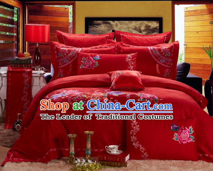 Traditional Asian Chinese Wedding Palace Qulit Cover Bedding Sheet Ten-piece Suit, Embroidered Peony Satin Drill Duvet Cover Textile Bedding Complete Set