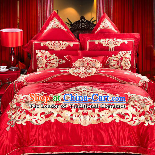 Traditional Asian Chinese Wedding Palace Qulit Cover Bedding Sheet Eleven-piece Suit, Embroidered Flowers Satin Drill Duvet Cover Textile Bedding Complete Set