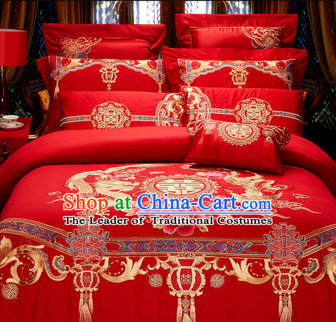 Traditional Asian Chinese Wedding Palace Qulit Cover Bedding Sheet Ten-piece Suit, Embroidered Peony Dragon and Phoenix Satin Drill Duvet Cover Textile Bedding Complete Set