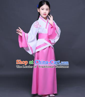 Traditional Ancient Chinese Imperial Princess Fairy Embroidery Costume, Children Elegant Hanfu Clothing Han Dynasty Pink Curve Bottom Dress Clothing for Kids