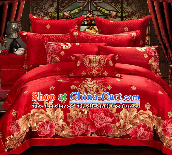 Traditional Asian Chinese Style Wedding Article Embroidery Peony Bedding Sheet Complete Set, Duvet Cover Red Satin Drill Textile Bedding Ten-piece Suit