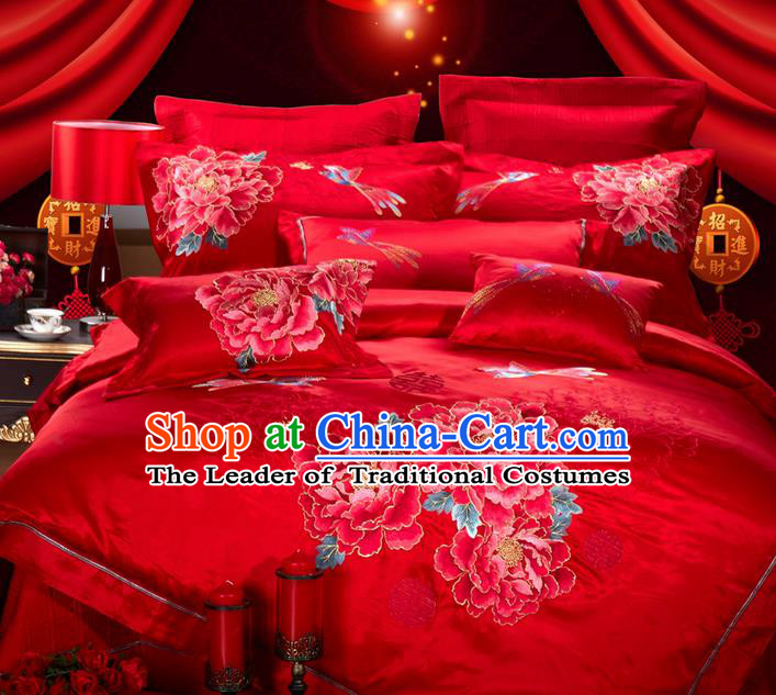 Traditional Asian Chinese Style Wedding Article Bedding Red Sheet Complete Set, Embroidery Peony Eleven-piece Duvet Cover Satin Drill Textile Bedding Suit