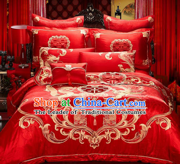 Traditional Asian Chinese Style Wedding Article Bedding Golden Dragon and Phoenix Sheet Complete Set, Embroidery Six-piece Duvet Cover Satin Drill Textile Bedding Suit