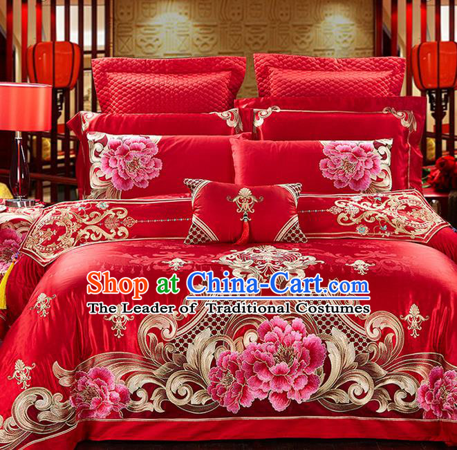 Traditional Asian Chinese Style Wedding Article Palace Embroidered Peony Qulit Cover Bedding Sheet Complete Set, Jacquard Weave Satin Drill Eleven-piece Duvet Cover Textile Bedding Suit