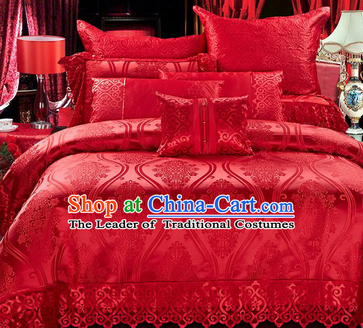 Traditional Asian Chinese Style Wedding Article Bedding Sheet Complete Set, Jacquard Weave Satin Drill Ten-piece Duvet Cover Textile Bedding Suit