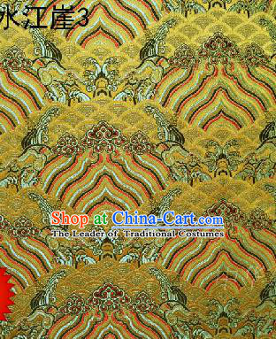 Asian Chinese Traditional Hill Sea Golden Silk Fabric, Top Grade Arhat Bed Brocade Satin Tang Suit Hanfu Dress Fabric Cheongsam Cloth Material