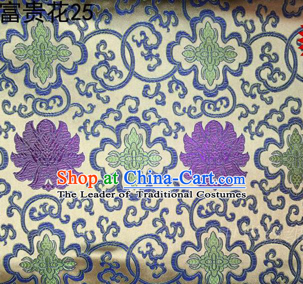 Asian Chinese Traditional Purple Riches and Honour Flowers White Embroidered Silk Fabric, Top Grade Arhat Bed Brocade Satin Tang Suit Hanfu Dress Fabric Cheongsam Cloth Material