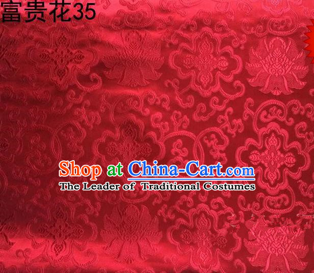 Asian Chinese Traditional Riches and Honour Flowers Red Embroidered Silk Fabric, Top Grade Arhat Bed Brocade Satin Tang Suit Hanfu Dress Fabric Cheongsam Cloth Material