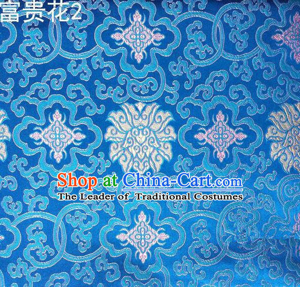 Asian Chinese Traditional White Riches and Honour Flowers Embroidered Blue Silk Fabric, Top Grade Arhat Bed Brocade Satin Tang Suit Hanfu Dress Fabric Cheongsam Cloth Material