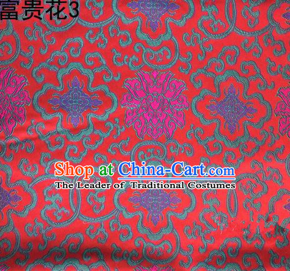 Asian Chinese Traditional Purple Riches and Honour Flowers Embroidered Red Silk Fabric, Top Grade Arhat Bed Brocade Satin Tang Suit Hanfu Dress Fabric Cheongsam Cloth Material