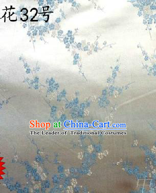 Asian Chinese Traditional Embroidery Blue Plum Blossom White Silk Fabric, Top Grade Brocade Embroidered Tang Suit Hanfu Dress Fabric Cheongsam Cloth Material