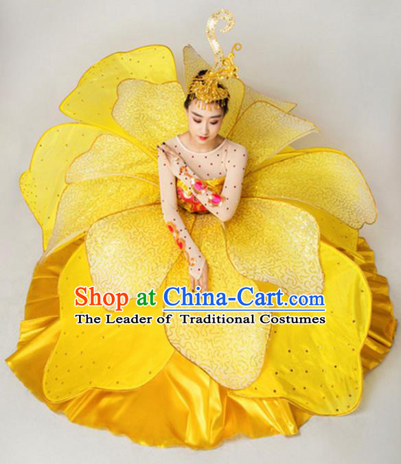 Chinese Classic Stage Performance Dance Costumes, Opening Dance Folk Dance Classic Big Swing Yellow Dress for Women