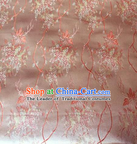 Asian Chinese Traditional Embroidery Maple Leaf Pink Satin Silk Fabric, Top Grade Brocade Tang Suit Hanfu Princess Dress Fabric Cheongsam Mattress Cloth Material