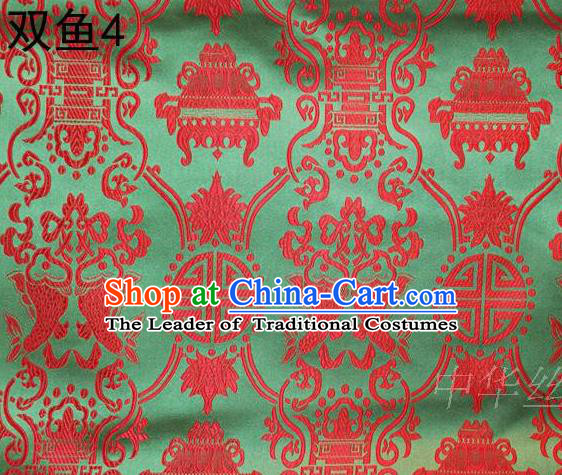 Asian Chinese Traditional Embroidery Red Longevity Green Satin Silk Fabric, Top Grade Brocade Tang Suit Hanfu Princess Dress Fabric Cheongsam Mattress Cloth Material