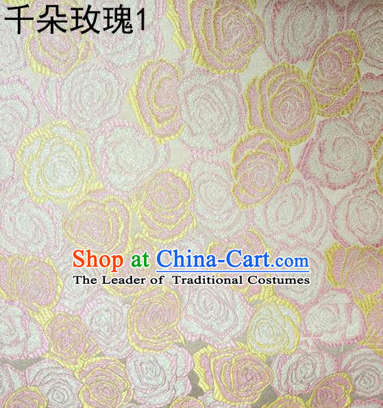 Asian Chinese Traditional Jacquard Weave Rose Flowers Pink Satin Mulberry Silk Fabric, Top Grade Brocade Tang Suit Hanfu Princess Dress Fabric Cheongsam Cloth Material