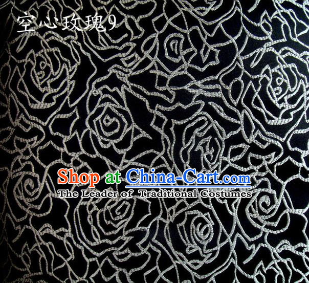 Asian Chinese Traditional Jacquard Weave Embroidered White Rose Flowers Black Satin Silk Fabric, Top Grade Brocade Tang Suit Hanfu Coat Dress Fabric Cheongsam Cloth Material