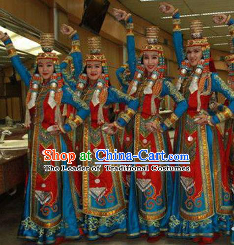 Traditional Chinese Mongol Nationality Dancing Costume, Mongols Female Folk Dance Ethnic Pleated Skirt, Chinese Mongolian Minority Nationality Embroidery Costume for Women