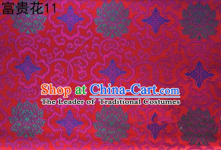 Asian Chinese Traditional Riches and Honour Flowers Embroidered Peacock Red Silk Fabric, Top Grade Arhat Bed Brocade Satin Tang Suit Hanfu Dress Fabric Cheongsam Cloth Material