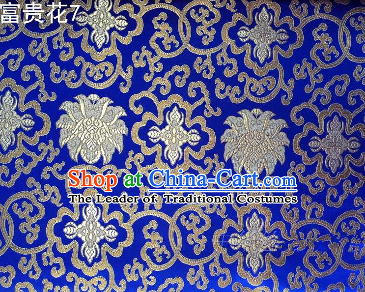 Asian Chinese Traditional Riches and Honour Flowers Embroidered Royalblue Silk Fabric, Top Grade Arhat Bed Brocade Satin Tang Suit Hanfu Dress Fabric Cheongsam Cloth Material