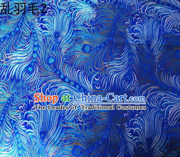 Asian Chinese Traditional Printing Feather Blue Silk Fabric, Top Grade Arhat Bed Brocade Tang Suit Hanfu Dress Fabric Cheongsam Cloth Material