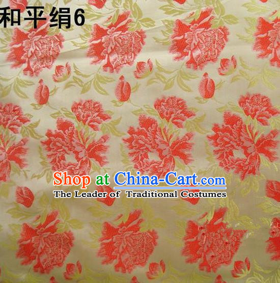 Asian Chinese Traditional Embroidered Red Flowers Golden Silk Fabric, Top Grade Arhat Bed Brocade Tang Suit Hanfu Dress Fabric Cheongsam Cloth Material