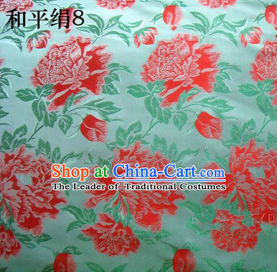 Asian Chinese Traditional Embroidered Red Flowers Green Silk Fabric, Top Grade Arhat Bed Brocade Tang Suit Hanfu Dress Fabric Cheongsam Cloth Material
