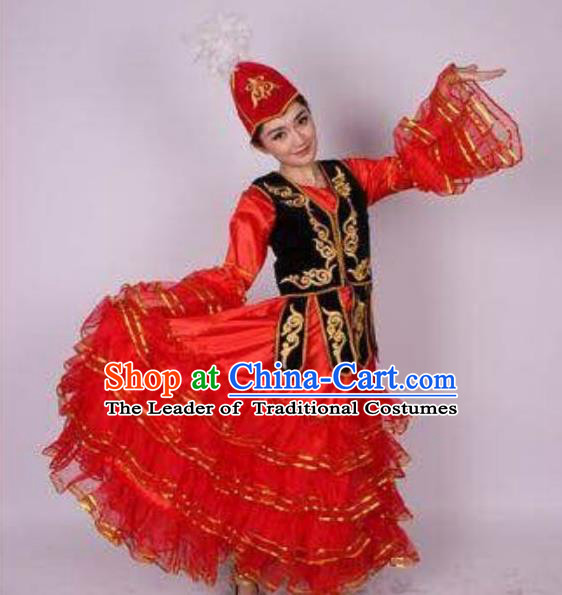 Traditional Chinese Uyghur Nationality Dance Costume, Folk Dance Ethnic Clothing, Chinese Minority Nationality Uigurian Dance Red Dress for Women