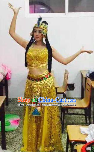 Traditional Indian Classical Dance Costume, India Belly Dance Golden Dress for Women