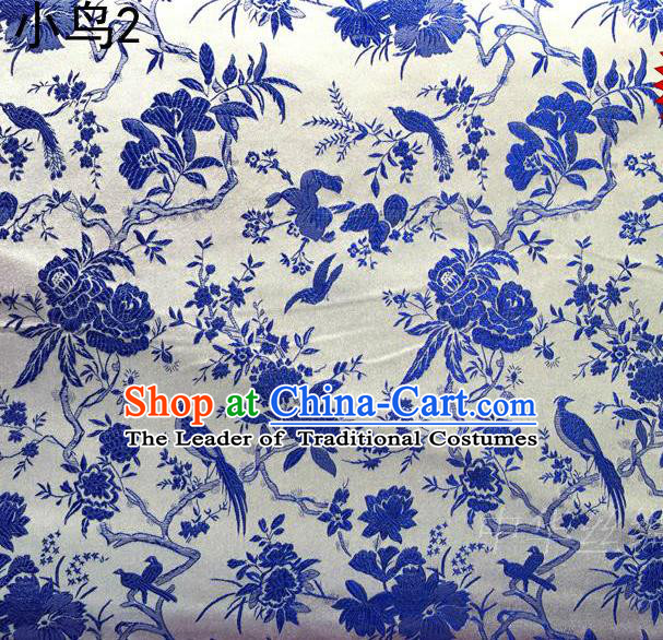 Asian Chinese Traditional Embroidery Magpie Plum Blossom Satin White Silk Fabric, Top Grade Brocade Tang Suit Hanfu Full Dress Fabric Cheongsam Cloth Material