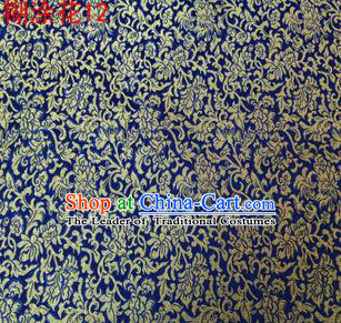 Asian Chinese Traditional Embroidering Golden Flower Blue Xiuhe Suit Satin Thangka Silk Fabric, Top Grade Brocade Tang Suit Hanfu Dress Fabric Cheongsam Cloth Material