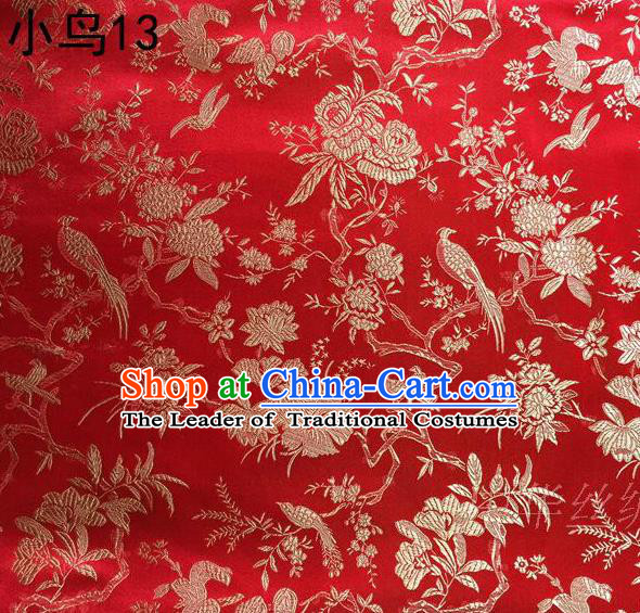 Asian Chinese Traditional Embroidery Golden Magpie Peony Satin Red Silk Fabric, Top Grade Brocade Tang Suit Hanfu Full Dress Fabric Cheongsam Cloth Material