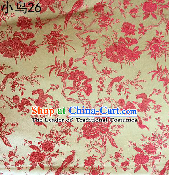 Asian Chinese Traditional Embroidery Red Magpie Peony Satin Golden Silk Fabric, Top Grade Brocade Tang Suit Hanfu Full Dress Fabric Cheongsam Cloth Material