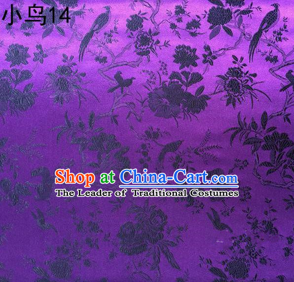 Asian Chinese Traditional Embroidery Magpie Peony Satin Purple Silk Fabric, Top Grade Brocade Tang Suit Hanfu Full Dress Fabric Cheongsam Cloth Material