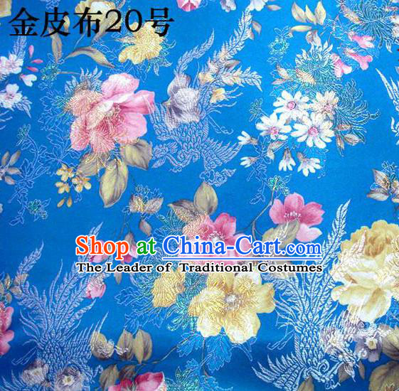 Asian Chinese Traditional Embroidery Peony Blue Satin Silk Fabric, Top Grade Brocade Tang Suit Hanfu Fabric Cheongsam Cloth Material