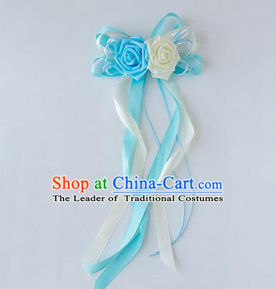 Top Grade Wedding Accessories Decoration, China Style Wedding Limousine Satin Bowknot Blue Flowers Bride Long Ribbon Garlands
