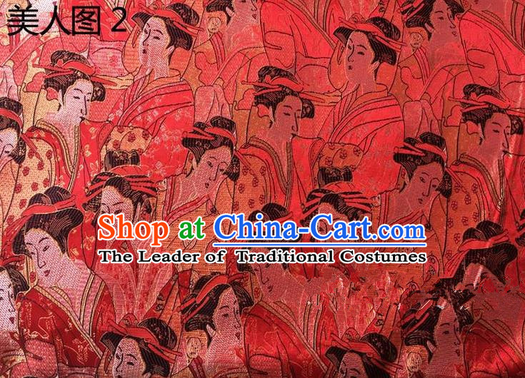 Asian Chinese Traditional Handmade Printing Portrait of a Lady Silk Fabric, Top Grade Nanjing Brocade Tang Suit Hanfu Red Fabric Cheongsam Cloth Material