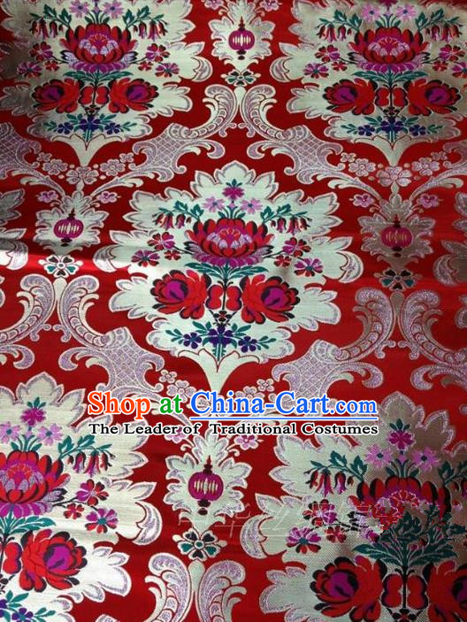Asian Chinese Traditional Handmade Embroidery Flowers Wedding Satin Silk Fabric, Top Grade Nanjing Brocade Tang Suit Xiuhe Suit Hanfu Red Fabric Cheongsam Cloth Material
