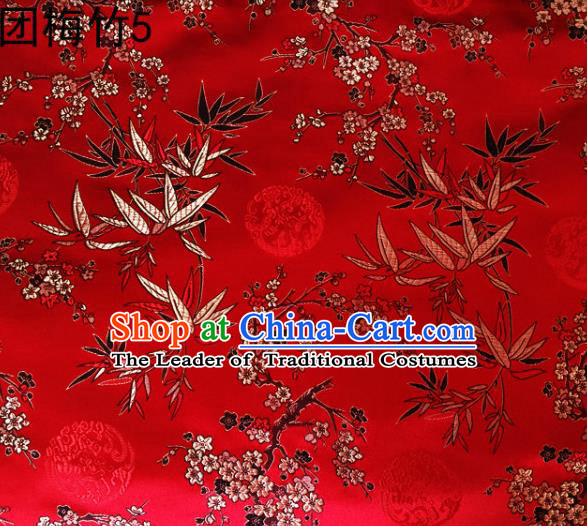 Asian Chinese Traditional Handmade Embroidery Plum and Bamboo Silk Fabric, Top Grade Nanjing Brocade Tang Suit Hanfu Red Fabric Cheongsam Cloth Material